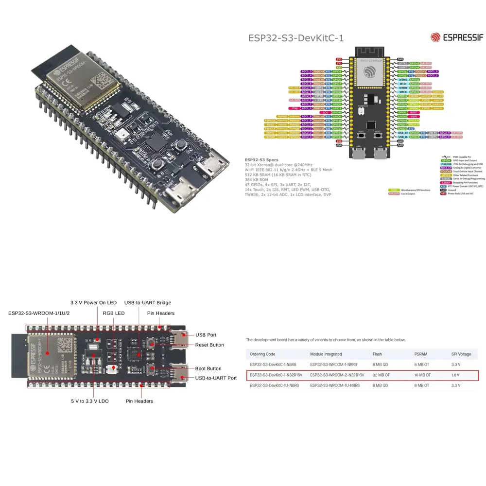 Devkitc - บอร์ดพัฒนา Espressif ESP32-S3-DevKitC-1 พร้อมโมดูล ESP32-S3-WROOM-2-N32R16V
