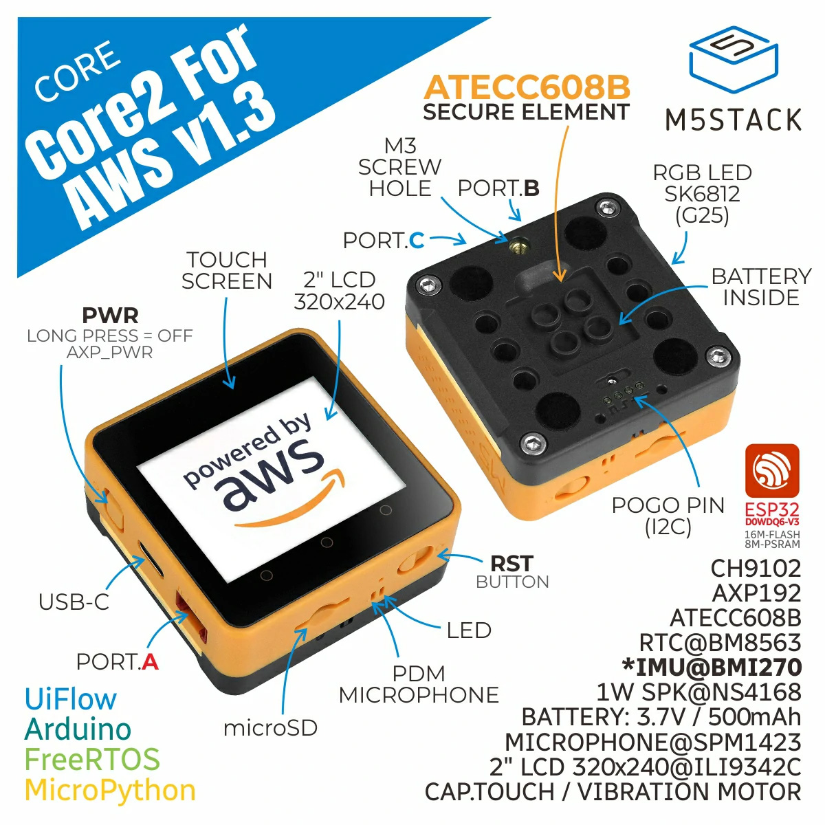 ชุดพัฒนาหน้าจอสัมผัส M5Stack C - M5Stack Core2 บทวิจารณ์และราคา